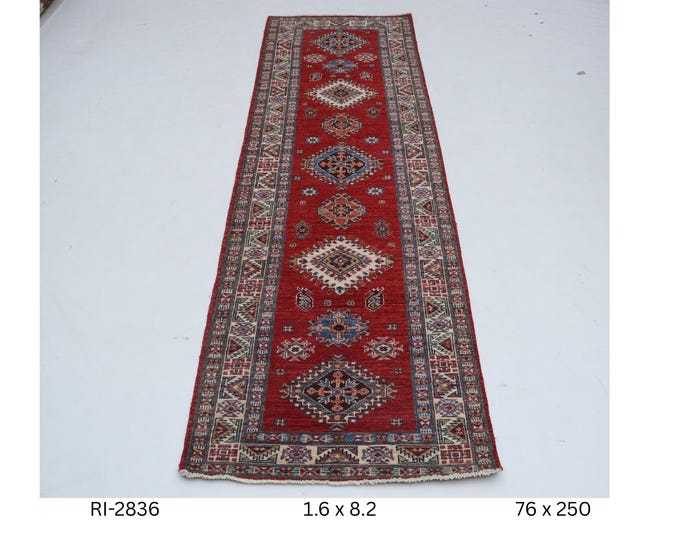 Hand-Knotted Wool Rug, Red Geometric Kazak Rug (1.6 x 8.2 ft)