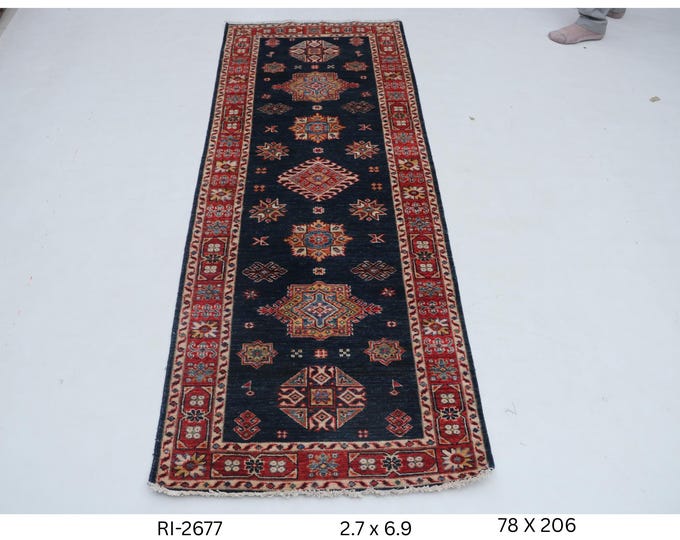 Hand-knotted Kazak Rug, Blue and Red Geometric Wool (2.7 x 6.9 ft)