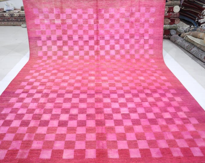 Handmade Gabbeh Wool Rug – 9x12 Pink Checkered Afghan Rug