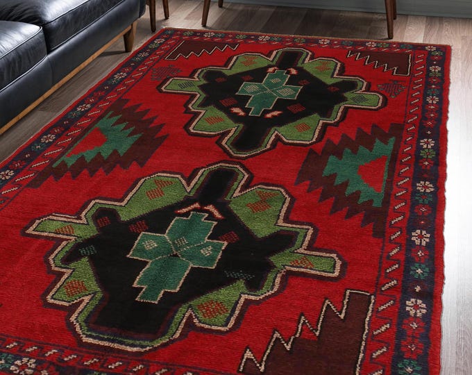 Hand-knotted Baluchi in Green and Orange 3.93 x 6.56 ft