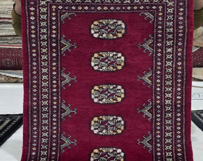 2 X 3 ft Red Geometrical Handmade, Mori Bokhara Rug Cotton and Wool