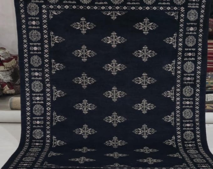 4 X 6 ft Black Geometrical Handmade , Mori Bokhara Cotton and Wool