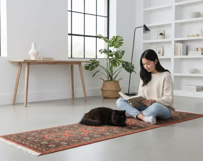 2.1 X 6.3 ft Copper Geomatrical Runner Handmade, Mori Bokhara Cotton and Wool