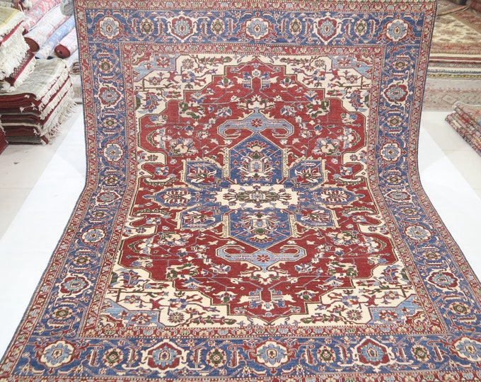 8x10 Handmade Heriz Rug – Blue and Red Afghan Wool Area Rug