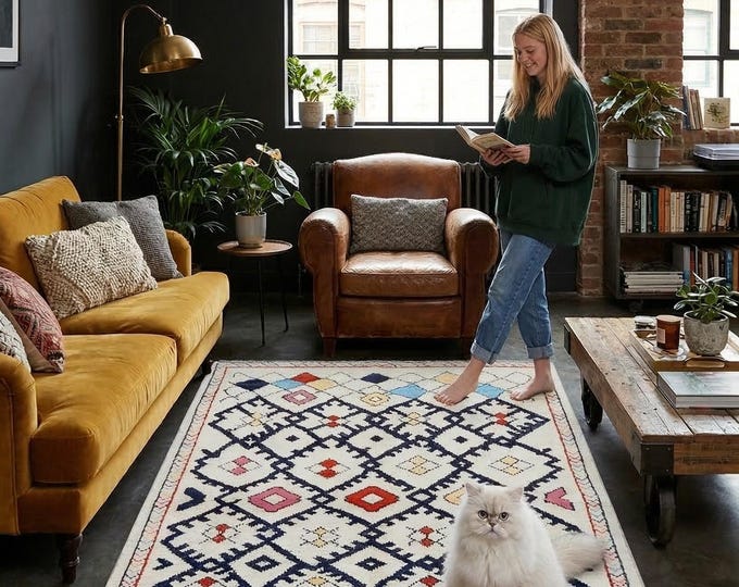 5.1 X 7.9 ft White Geomatrical Handmade ,Morocan Cotton and Wool