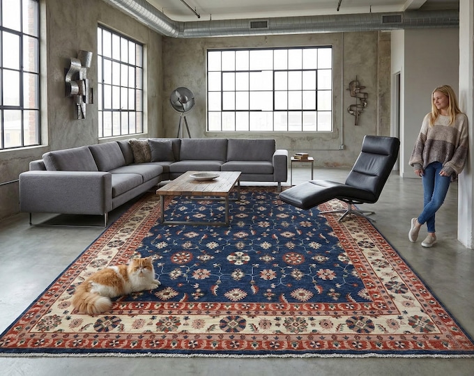 9.8 X 13.11 ft Blue and Beige Floral Handmade ,Heriz Cotton and Wool