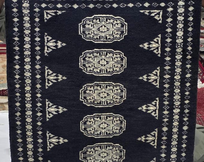 2 X 3 ft Black Geometrical Handmade, Mori Bokhara Rug Cotton and Wool