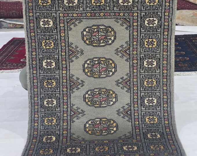 2 X 3 ft Gray Geometrical Handmade, Mori Bokhara Cotton and Wool