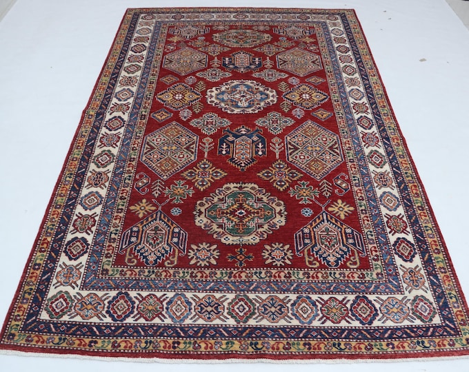 5.2 X 8.1 ft Red and Beige Geomatrical Handmade, Super Kazak Cotton and Wool