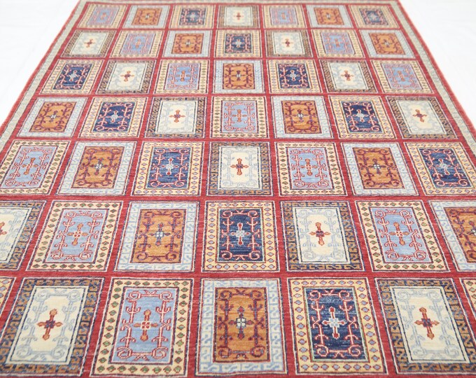 4'9x6'2 Hand Knotted Wool Rug – Multicolor Checkered Afghan Design