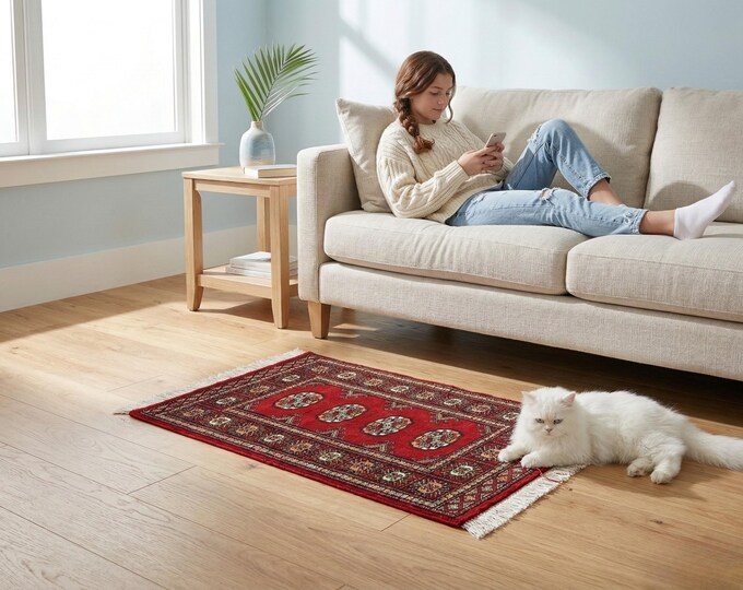 2.0 X 3.0 ft Red Geomatrical Handmade ,Mori Bokhara Cotton and Wool