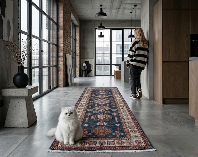 2.4 X 6.5 ft Blue and Beige Geomatrical Handmade Runner, Super Kazak Cotton and Wool