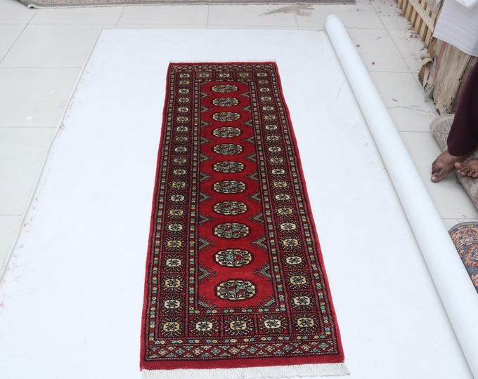 2.1 X 6.3 ft Red Geomatrical Handmade, Mori Bokhara Cotton and Wool