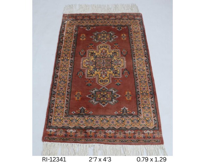 Hand-Knotted Wool & Silk Touch Rug, Red Geometric Design, 2.7 x 4.3 ft