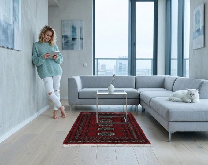 2.1 X 2.10 ft Red Geomatrical Handmade ,Mori Bokhara Cotton and Wool