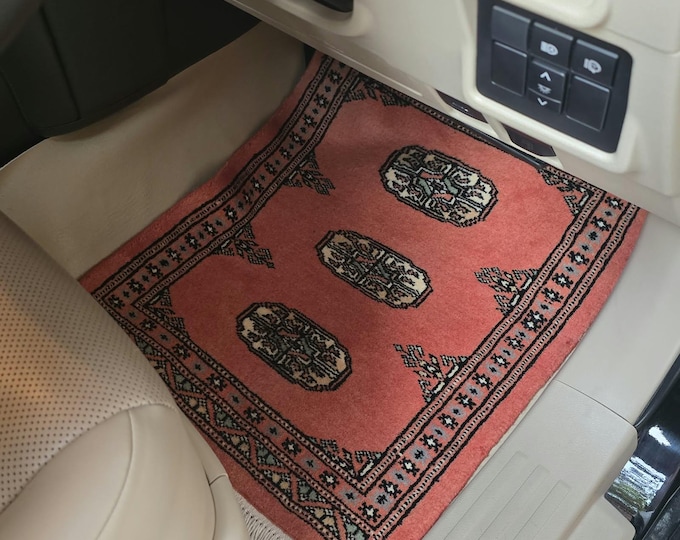 1.5 X 2 ft Geomatric Handmade Car Mats Pair, Orange Wool Car Floor Rugs, Cotton and Wool