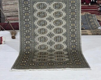 3 X 5 ft Geometrical Mori Bokhara Rug, Gray, Handmade Cotton and Wool