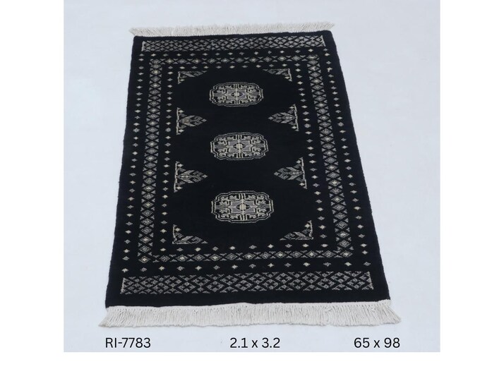 Hand-knotted Mori Bokhara Cotton and Wool Rug, Geomatrical in Black base and Black border, 2.1 x 3.2 ft