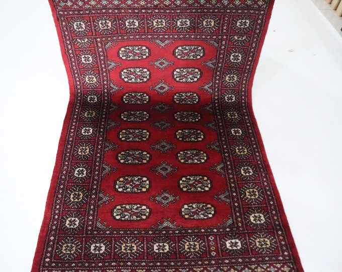Hand Knotted Wool Mori Bokhara Rug, 3x5 Ft, Red Geometric Rug