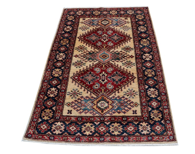 3 X 4 ft Beige and Blue Geomatrical Handmade, Super Kazak Cotton and Wool