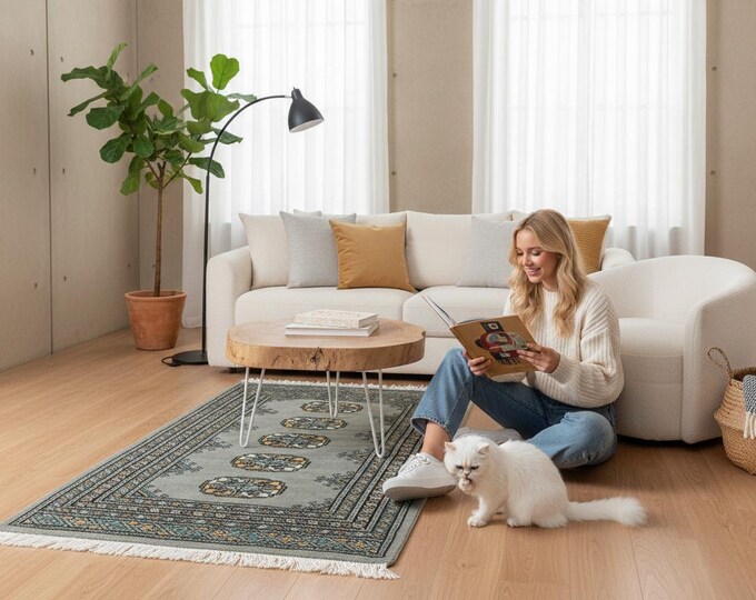 2.0 X 3.1 ft Gray Geomatrical Handmade, Mori Bokhara Cotton and Wool