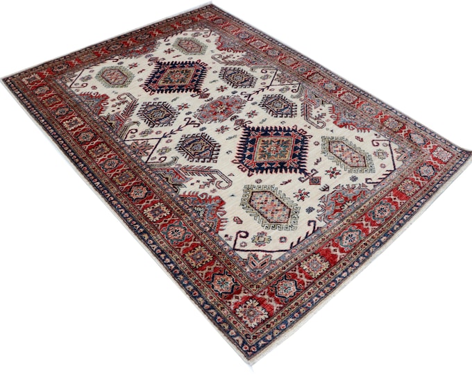 5.0 X 6.8 ft Beige and Red Geomatrical Handmade, Super Kazak Cotton and Wool