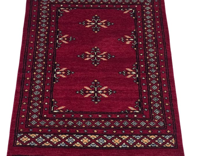 2 X 3 ft Red Geometrical Handmade, Mori Bokhara Cotton and Wool