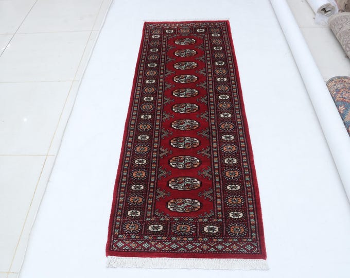 2.1 X 5.11 ft Red Geomatrical Runner Handmade, Mori Bokhara Cotton and Wool