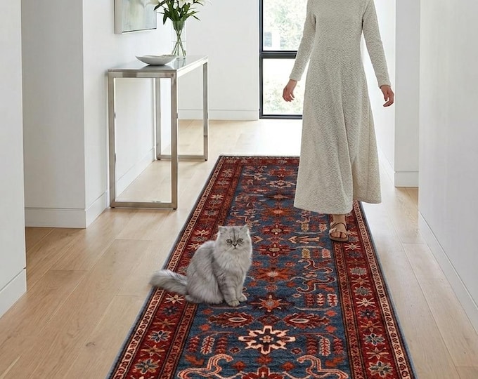 2 X 7 ft Blue and Red Geomatrical Handmade Runner, Super Kazak Cotton and Wool