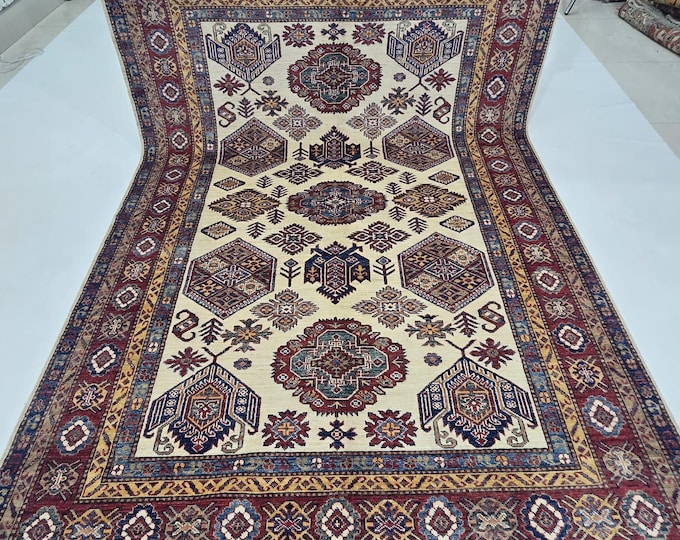 5.5 X 8 ft Handmade Geometrical Super Kazak Rug, Beige and Red, Cotton and Wool