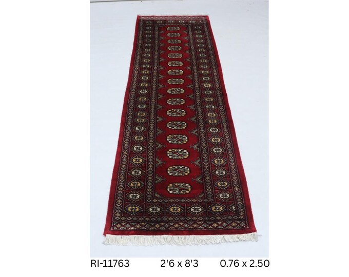 Hand-knotted Mohri Bokhara Cotton and Wool Rug, Geomatrical in Red base and Red border, 2.6 x 8.3 ft