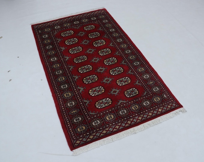 3.0 X 5.0 ft Red Geomatrical Handmade Runner, Mori Bokhara Cotton and Wool