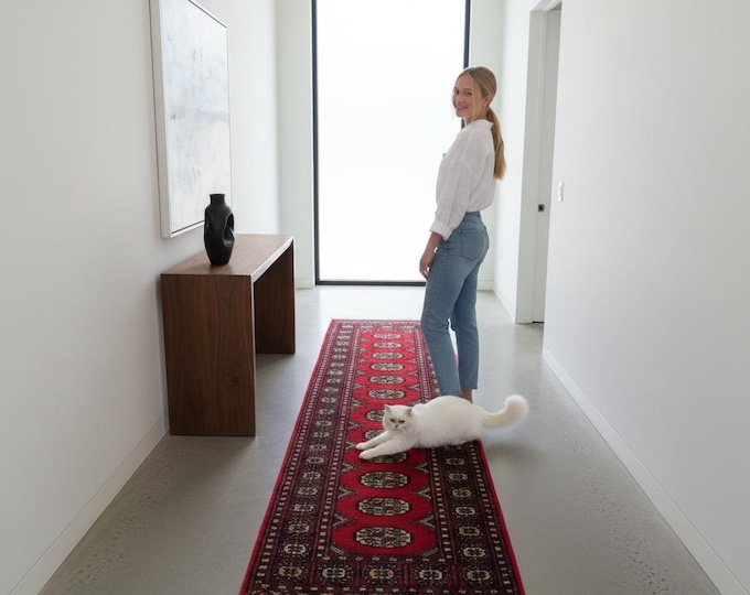 2.0 X 5.7 ft Red Geomatrical Handmade, Mori Bokhara Cotton and Wool