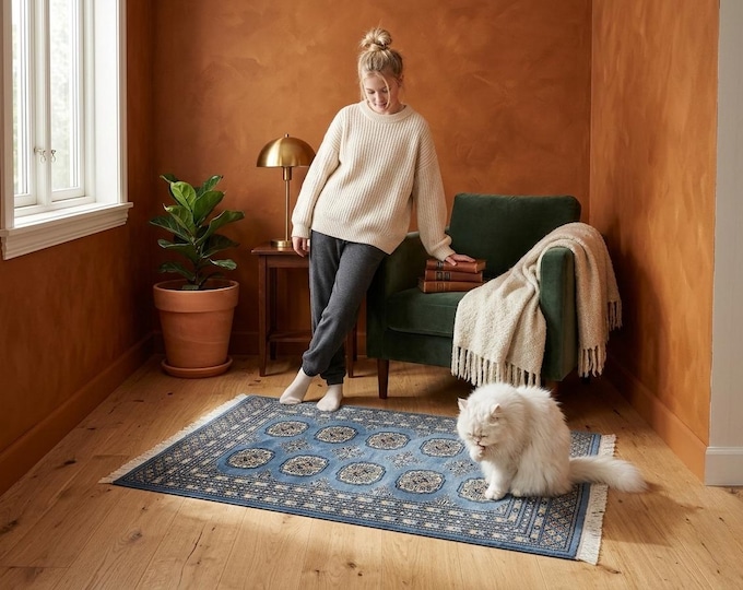 2.7X 4.2 ft B;ue Geomatrical Handmade Runner, Mori Bokhara Cotton and Wool