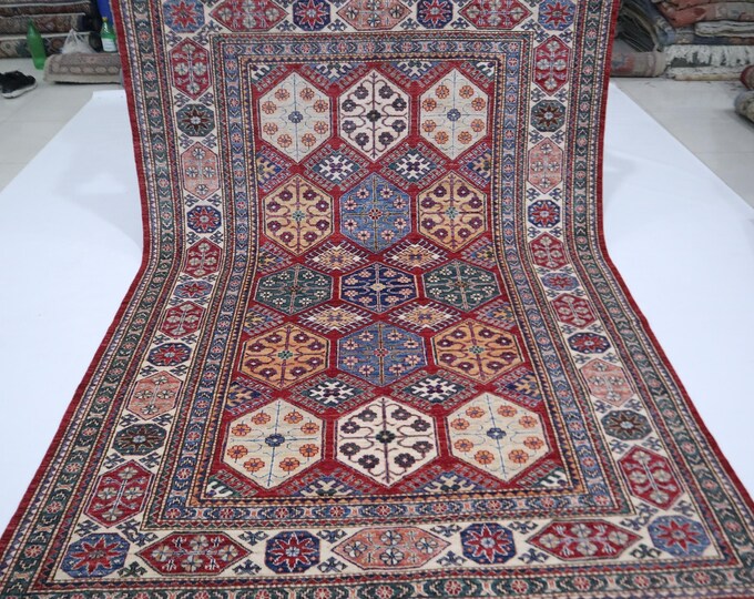 Red Kazak Rug - 6x8 ft, Afghan Wool Geometric Rug