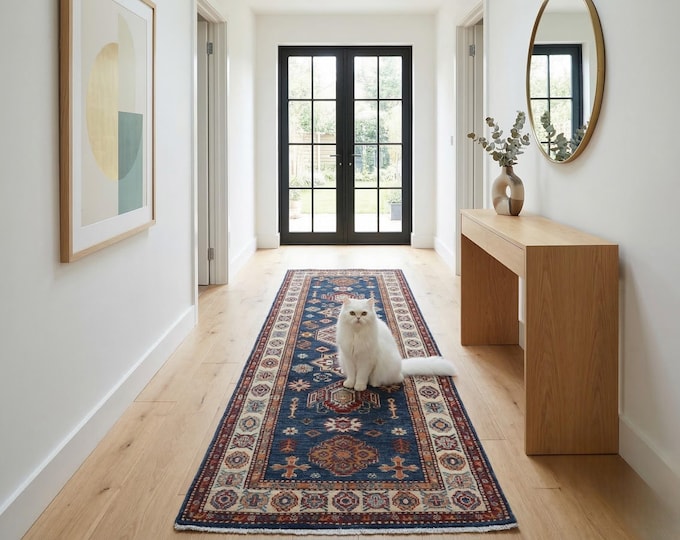 2.4 X 6.5 ft Blue and Beige Geomatrical Handmade Runner , Super Kazak Cotton and Wool