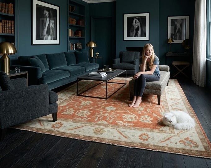 8.2 X 9.7 ft Copper and Beige Floral Handmade ,Oshak Wool