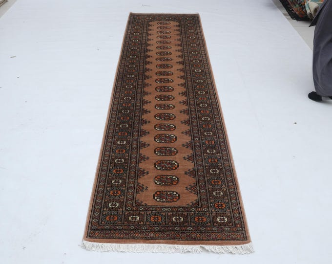 2.7 X 9.10 ft Gray Geomatrical Runner Handmade, Mori Bokhara Cotton and Wool