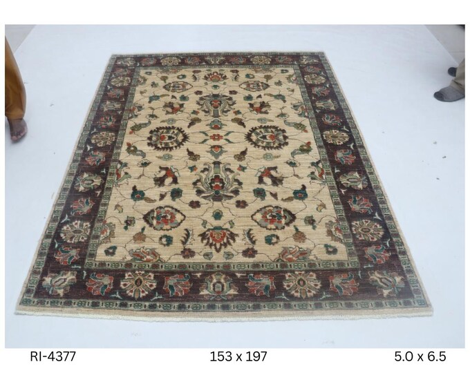 Hand-knotted Super Kazak Cotton and Wool Rug, Geomatrical in Beige base and Brown border, 5.0 X 6.5 ft