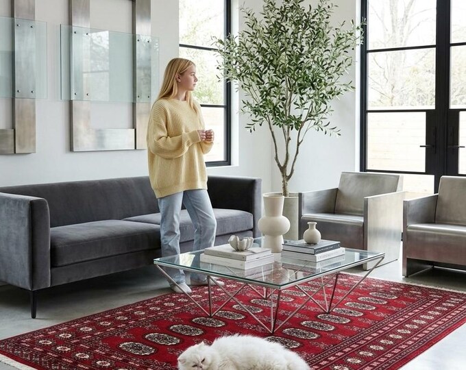 4.1 X 6.0 ft Red Geomatrical Handmade Runner, Mori Bokhara Cotton and Wool