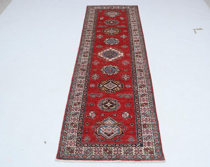 2 X 8 ft Red and Beige Geomatrical Handmade Runner, Super Kazak Cotton and Wool