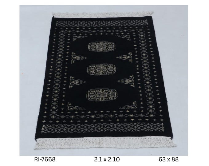 Hand-knotted Mori Bokhara Cotton and Wool Rug, Geomatrical in Black base and Black border, 2.1 x 2.10 ft