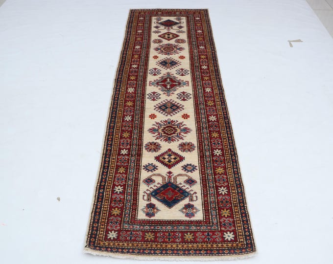 2.6 X 8.0 ft Beige and Red Geomatrical Handmade Runner, Super Kazak Cotton and Wool