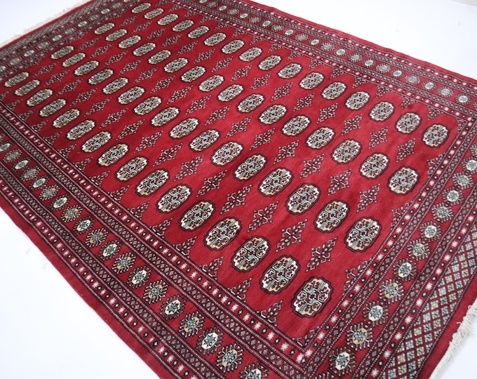 6.5 X 9.5 ft Handmade Geometrical Mori Bokhara Rug, Red, Cotton amd Wool