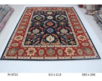 Hand-knotted Chobi Cotton and Wool Rug, Floral in Blue base and Red border, 9.2 x 11.8 ft