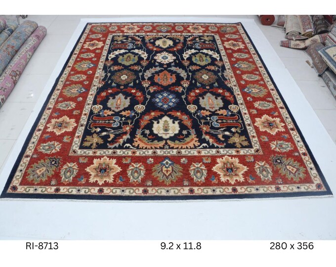 Hand-knotted Chobi Cotton and Wool Rug, Floral in Blue base and Red border, 9.2 x 11.8 ft