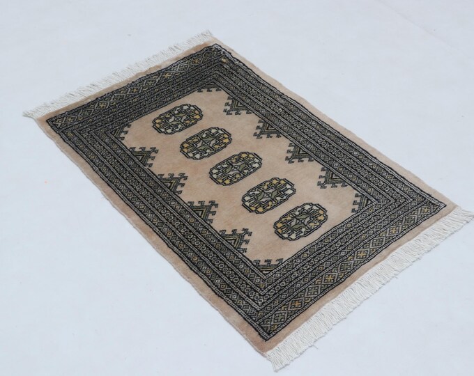 2.1 X 3.1 ft Beige Geomatrical Handmade ,Mori Bokhara Cotton and Wool