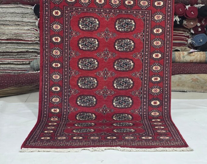 3 X 5 ft Red Geometrical Handmade, Mori Bokhara Cotton and Wool