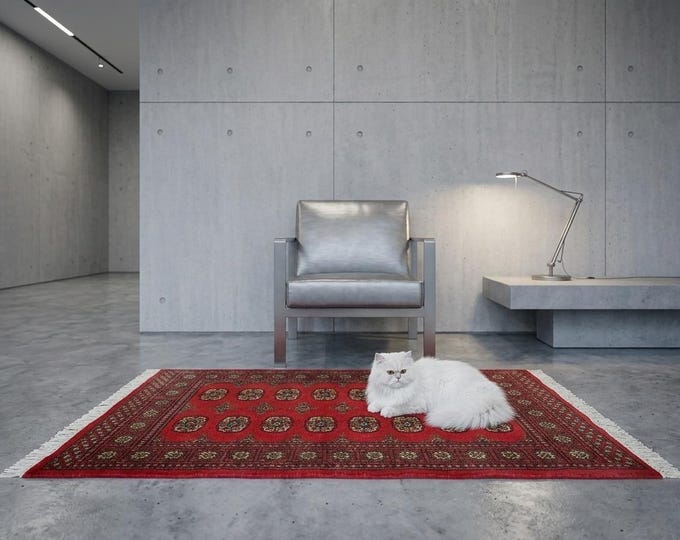 3.1 X 5.1 ft Red Geomatrical Handmade ,Mori Bokhara Cotton and Wool