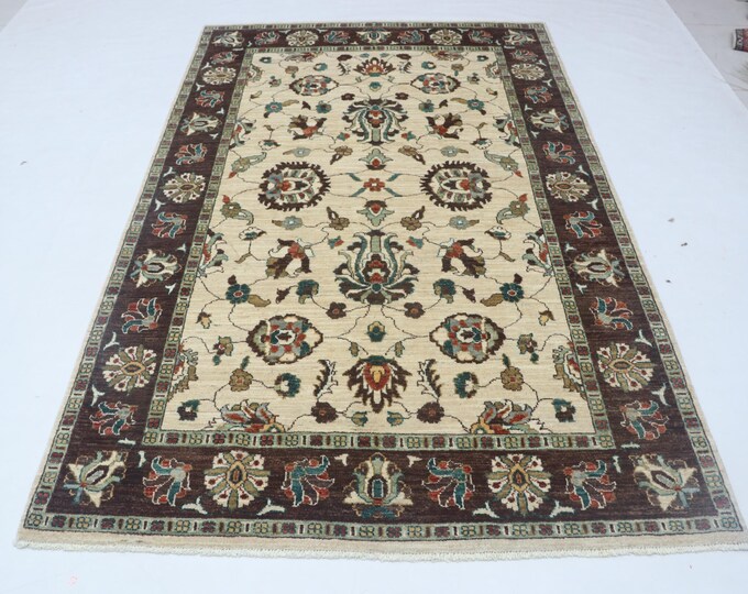 5 X 8 ft Beige and Brown Floral Handmade, Chobi Cotton and Wool